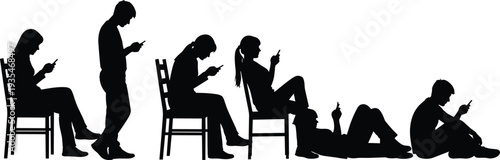 Silhouette group of people using smartphones in various seated and standing positions, modern digital lifestyle concept, technology addiction illustration