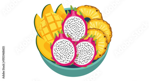 Colorful tropical fruit bowl featuring ripe dragon fruit halves with white flesh and black seeds, golden pineapple rings, juicy mango slices, and bright pink accents.