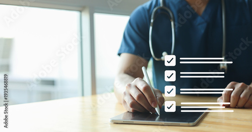 close up young general practitioner hand use stylus pen to check box on medical chekclist or opd record to read and diagnose and assess about patient's symptom for healthy and lifestyle concept