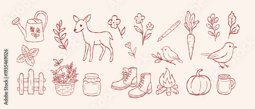 Cute cottagecore autumn garden vector set with deer pumpkin campfire and gardening tools in hand drawn doodle line art style for rustic branding design