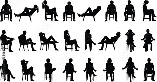 Silhouette illustration of diverse people sitting on chairs in multiple relaxed and expressive poses, perfect for design, posture studies, lifestyle concepts