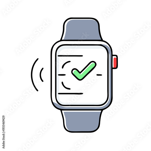Smartwatch displaying confirmation checkmark with notification icons  