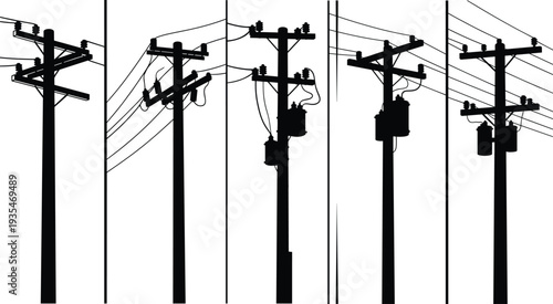 Silhouette illustration of electrical utility poles with power lines and transformers showing energy distribution infrastructure, overhead wiring system and electrical network design
