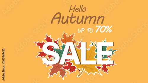 Hello Autumn Sale Banner with Colorful Fall Leaves and Up to 70 Percent Discount Promotion