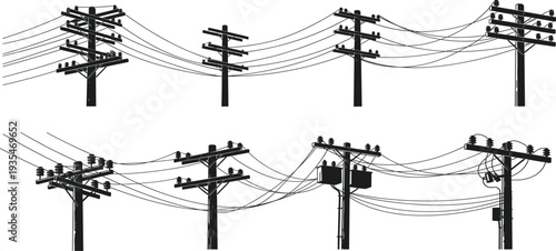 Silhouette illustration of electrical utility poles with connected power lines, urban infrastructure design element for energy, communication, city landscape artwork, vector graphic