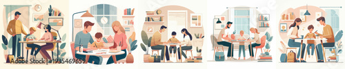 Vector of Parents Teaching Kids at Home