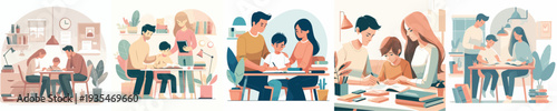 Vector of Parents Teaching Kids at Home