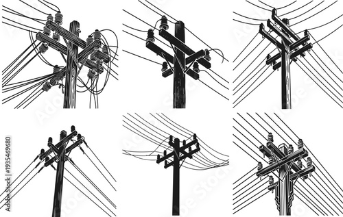 Silhouette illustration of electrical utility poles with power lines, vintage engraving style, detailed energy infrastructure artwork for engineering, industry, and technology projects