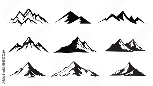 Mountain Peak Silhouette Set with Snowy Summit Landscape Vector Icons