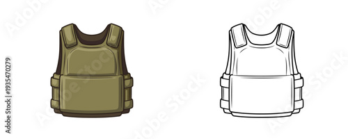 Tactical body armor bulletproof vest in cartoon and linear styles with olive green color for military protection and personal safety on white background isolated set