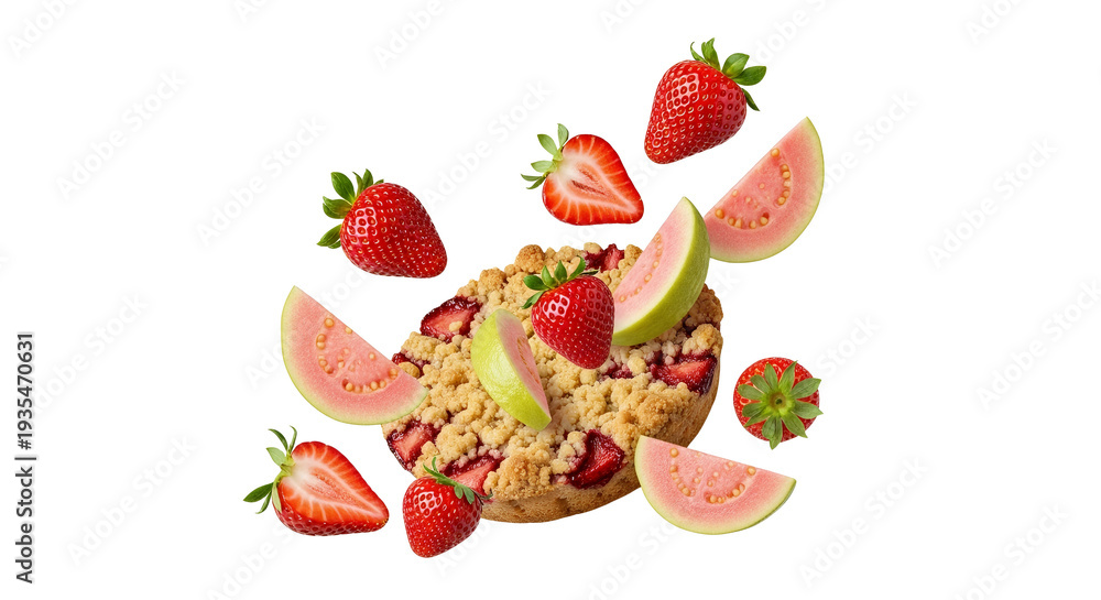 Naklejka premium Fresh Strawberry Guava Crumble Cake with Falling Fruits