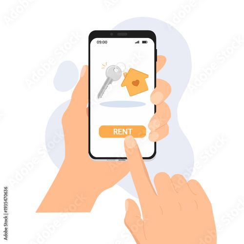 Rent apartments concept, hand holding smartphone with key and house keychain on screen