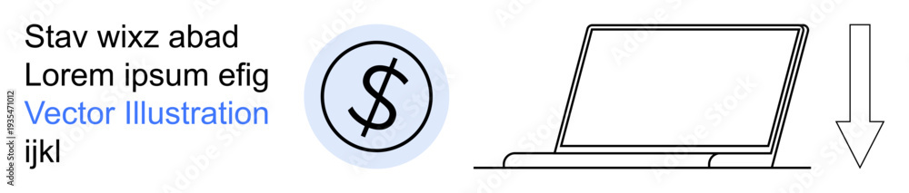 Obraz premium Financial trends, investment decisions, business analytics, economic planning, digital economy, market research. Dollar sign, laptop downward arrow. Financial trends and business analytics concept