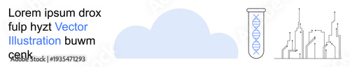Cloud computing, genetics, urban development, futuristic ideas, science, digital innovation. Blue cloud, DNA helix in a test tube and outlined buildings. Cloud computing and genetics concepts