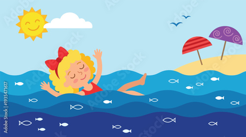 Happy cartoon girl swimming in the ocean on a sunny summer day