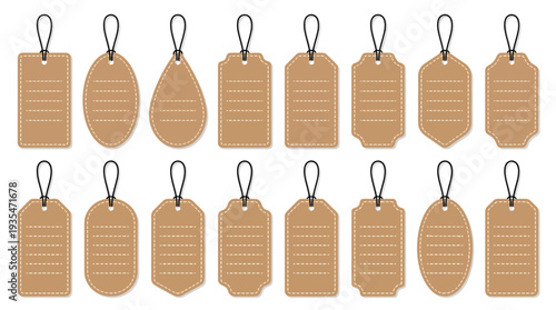 Set of Blank Brown Paper Tags and Labels with Various Shapes and Strings on White Background