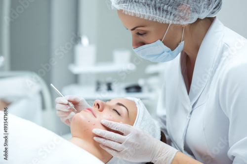 esthetician performing professional acne treatment focused on inflamed pimple, client lying on treatment bed, clean spa interior, bright clinical lighting