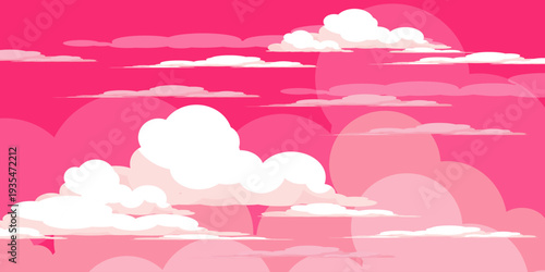 Cute pink sky illustration with cloud bubbles. Nature scenery theme	