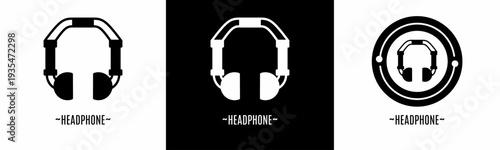 Headset logo set. Collection of black and white logos. Stock vector.