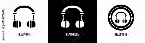 Headset logo set. Collection of black and white logos. Stock vector.
