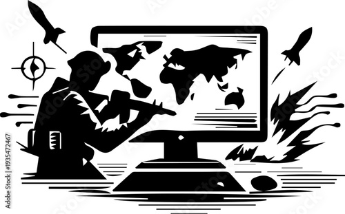 Cyber Warfare Operator Monitoring World Map with Drones Explosion Vector Illustration