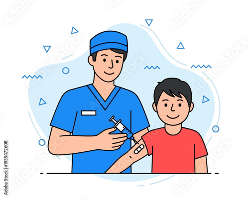 Illustration of a friendly male doctor giving a vaccine to a young boy, healthcare concept