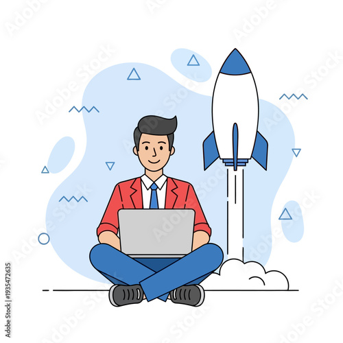 Startup launch concept A motivated businessman works on his laptop with a rocket taking off in the background, symbolizing growth and ambition