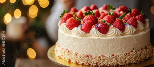 Festive Strawberry Cake, Bokeh Background