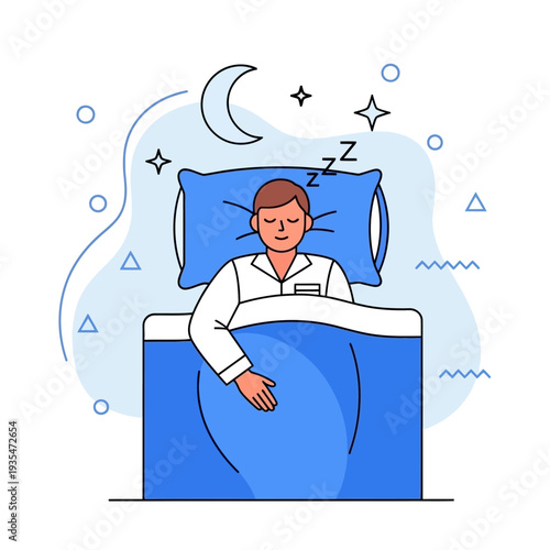 Man sleeping in bed with moon and stars in flat vector style symbolizing healthy sleep, nighttime rest and comfort lifestyle