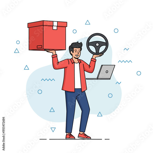 Delivery courier holding package laptop and steering wheel in flat vector style symbolizing online logistics management and e-commerce
