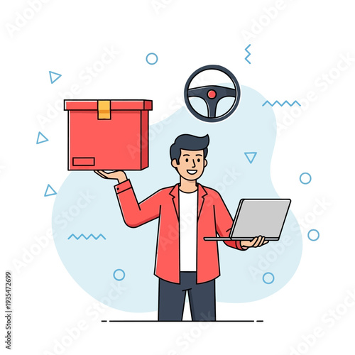 Delivery courier holding package and laptop with steering wheel icon in flat vector style symbolizing online logistics management
