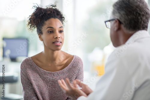 dermatologist discussing acne treatment plan with young African woman in consultation room, bright clean clinic interior, natural window light