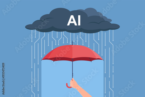 Hand holding an umbrella and protecting from AI threats