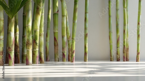 Vertical bamboo stalks arranged against a light wall with soft sunlight and shadow stripes for eco decor background and interior design