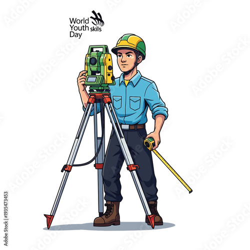 Construction Worker with Surveying Equipment and Tape Measure