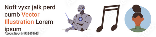 Artificial intelligence, robotics, technology, music icons, diversity, creativity. A robot with a pen, a music note and a female face. Robotics and technology concepts visually