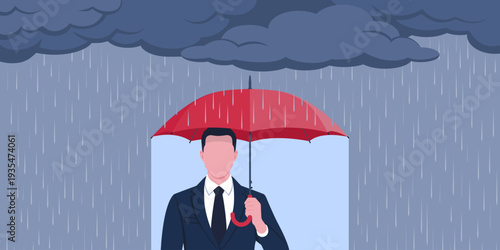 Corporate businessman holding an umbrella and protecting himself from rain and adversities