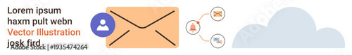Digital messaging, email notifications, online communication, data exchange, cloud storage, information transfer. Envelope icon with user and cloud elements. Digital messaging and email notifications