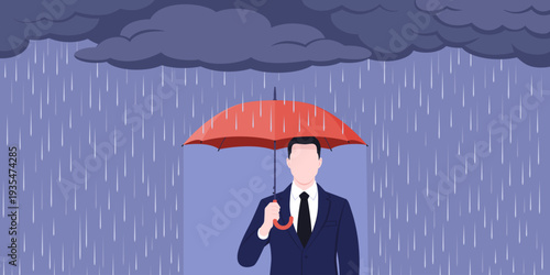 Corporate businessman holding an umbrella and protecting himself from rain and adversities