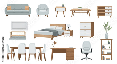 Collection of modern furniture for home and office interiors.