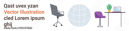 Office setup, remote work, global connectivity, workspace aesthetics, furniture concepts, home office. ion of a globe, office chair desk with laptop and potted plant. Office setup and remote work