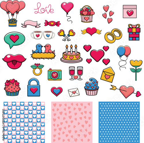 Colorful valentine day icons with for hearts romantic gift wrapping vector