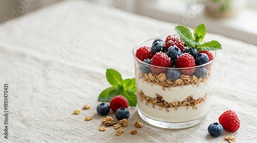 Healthy breakfast bowl with Greek yogurt, granola, fresh blueberries and raspberries