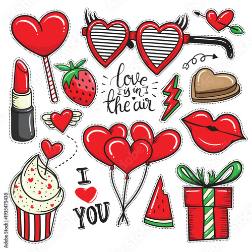 Colorful valentine day icons with hearts for romantic gift wrapping vector