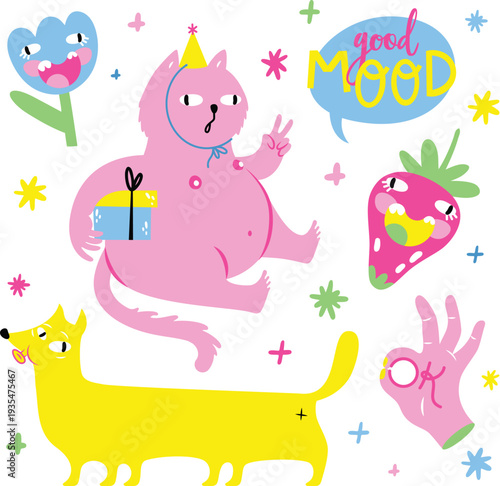 Cute pink party cat and yellow dog doodle set vector