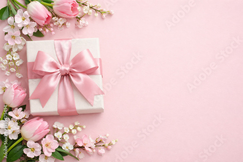 Elegant Gift Box with pink ribbon bow, Spring Flowers and Tulips on a pink background, copy space. Beautiful Floral Background for Birthday, Women's day, 8 march, Anniversary, Mother's day