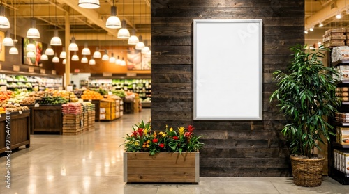 Blank advertising mockup frame hangs prominently on a rustic wooden panel inside a brightly lit grocery store produce section.