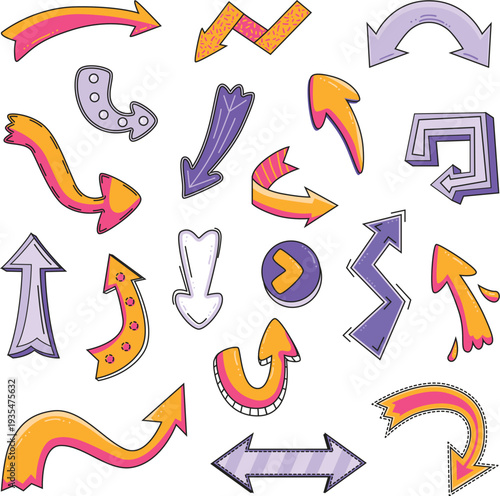 Hand drawn pointer set with curved and straight arrow icons vector