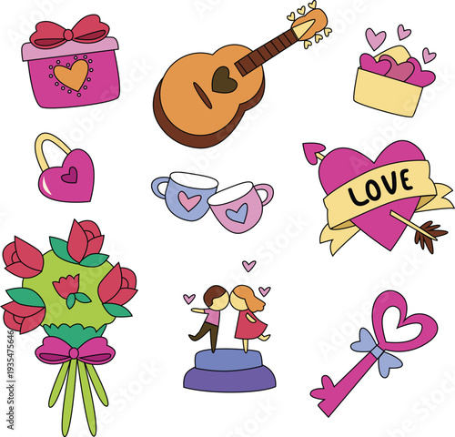 Hand drawn valentine sticker set with notebook and heart potion vector