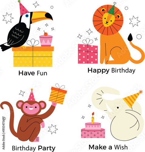 Happy birthday party doodles with cat dog and strawberry vector
